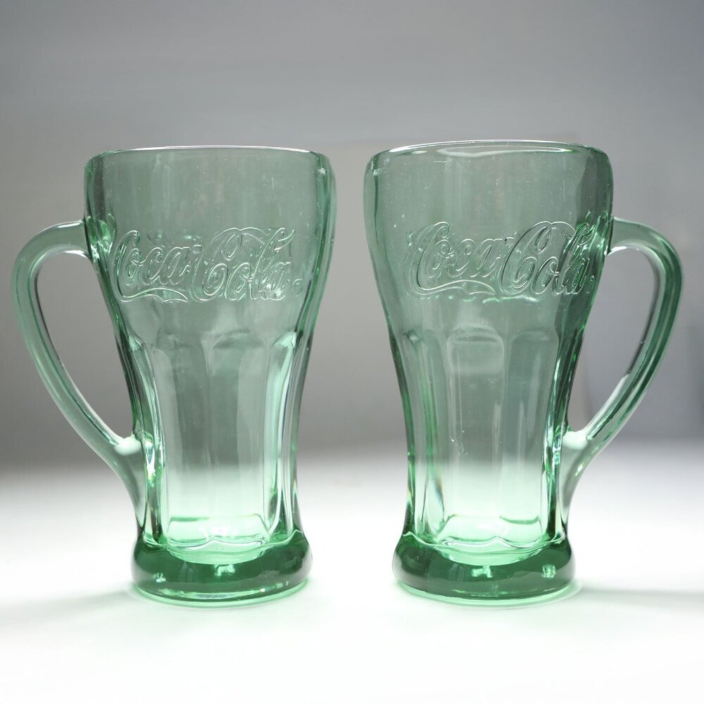 Coke Coca Cola Green Libbey Glass Heavy Drink Glasses Cups Mugs | Set of 2